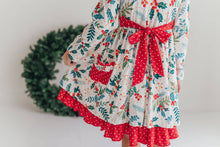 Load image into Gallery viewer, Kids Red & Green Holly Ruffle Button Pocket Tie Back Dress