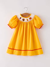 Load image into Gallery viewer, Fall Halloween & Thanksgiving Turkey Nuts Smock Embroidered Yellow Girls Dress