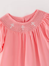 Load image into Gallery viewer, Pink Smocking Embroidered Crucifix Girls Dress