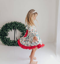 Load image into Gallery viewer, Kids Red & Green Holly Ruffle Button Pocket Tie Back Dress