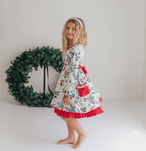 Load image into Gallery viewer, Kids Red & Green Holly Ruffle Button Pocket Tie Back Dress