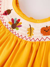 Load image into Gallery viewer, Fall Halloween & Thanksgiving Turkey Nuts Smock Embroidered Yellow Girls Dress
