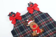 Load image into Gallery viewer, Navy and Red Plaid Reindeer Ruffle Dress