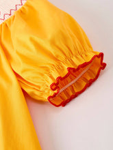 Load image into Gallery viewer, Fall Halloween & Thanksgiving Turkey Nuts Smock Embroidered Yellow Girls Dress