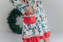 Load image into Gallery viewer, Kids Red & Green Holly Ruffle Button Pocket Tie Back Dress