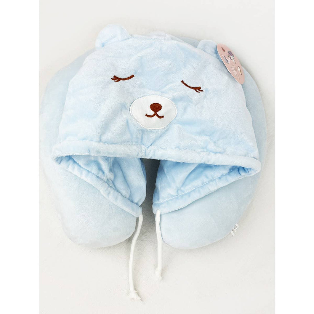 Velvety Blue Bear Travel Neck Pillow with Hoody