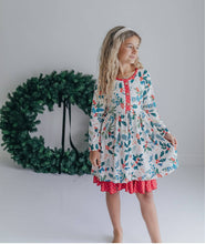 Load image into Gallery viewer, Kids Red &amp; Green Holly Ruffle Button Pocket Tie Back Dress
