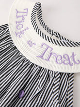 Load image into Gallery viewer, Halloween Striped &quot;Trick Or Treat&quot; Smock Embroidered Baby Girl Dress
