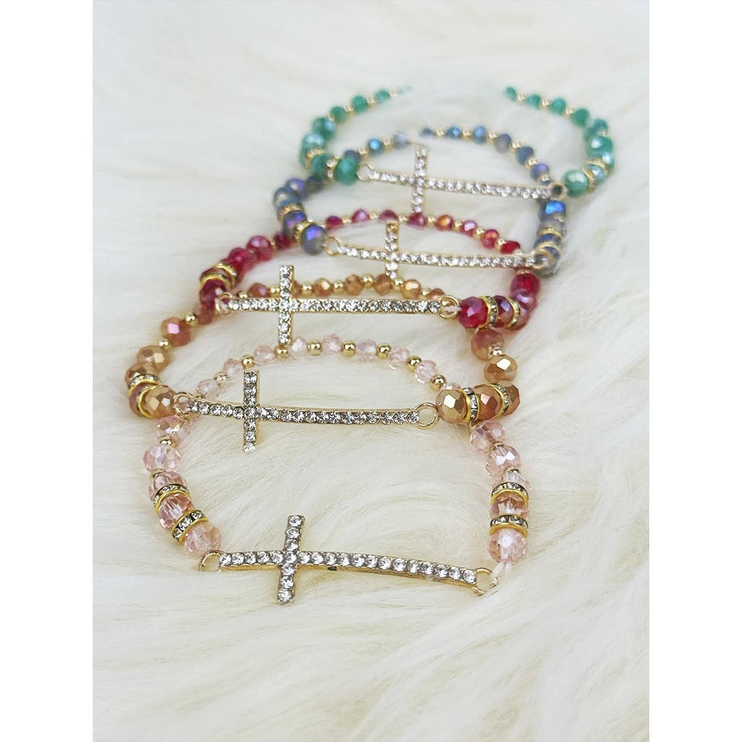 Rhinestone Gold Cross Multi Tone Beaded Bracelet