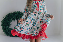 Load image into Gallery viewer, Kids Red &amp; Green Holly Ruffle Button Pocket Tie Back Dress
