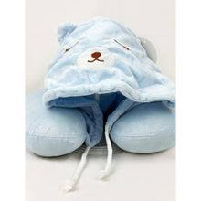 Load image into Gallery viewer, Velvety Blue Bear Travel Neck Pillow with Hoody
