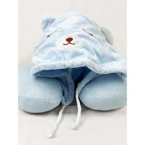 Velvety Blue Bear Travel Neck Pillow with Hoody
