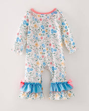 Load image into Gallery viewer, Halloween Baby Girls Ruffle Pumpkin Applique Floral Print Bow Romper
