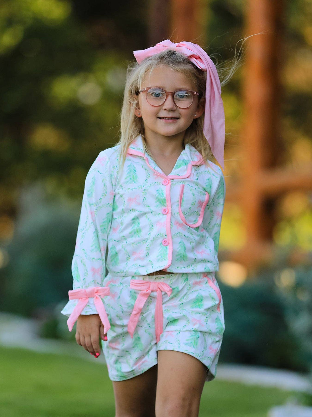 Christmas Tree & Bow Print Girls Pajama Set