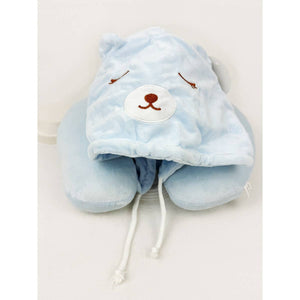Velvety Blue Bear Travel Neck Pillow with Hoody