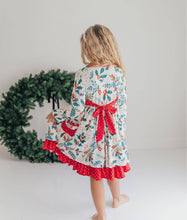 Load image into Gallery viewer, Kids Red &amp; Green Holly Ruffle Button Pocket Tie Back Dress
