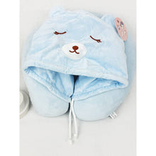 Load image into Gallery viewer, Velvety Blue Bear Travel Neck Pillow with Hoody
