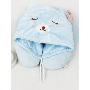 Velvety Blue Bear Travel Neck Pillow with Hoody