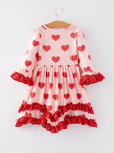 Load image into Gallery viewer, Valentine&#39;s Day Heart Print Ruffle Long Sleeve Dress
