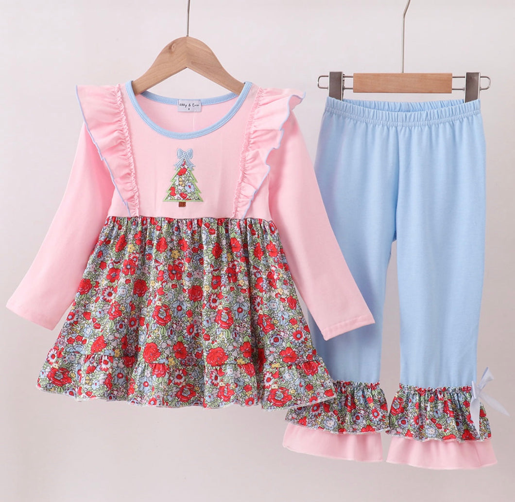 Floral Christmas Tree Appliqué Pant Set