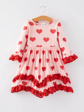 Load image into Gallery viewer, Valentine&#39;s Day Heart Print Ruffle Long Sleeve Dress
