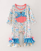 Load image into Gallery viewer, Halloween Baby Girls Ruffle Pumpkin Applique Floral Print Bow Romper
