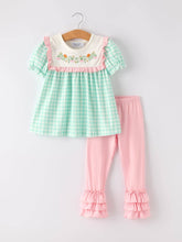 Load image into Gallery viewer, Thanksgiving Day Fall Pumpkin Flowers Embroidered Check Ruffles Girls Outfit
