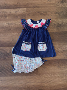 Navy Flag Smocked Polka Dot Set