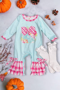 AQUA PUMPKIN PRINTED BABY ROMPER W/ A TOUCH OF PINK RUFFLE.